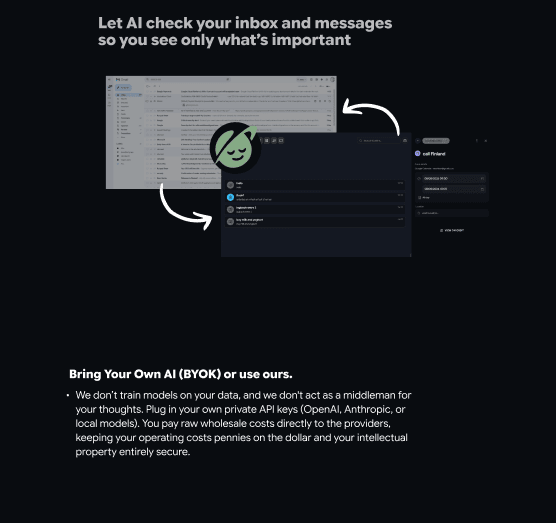 From cluttered inbox to a focused Egocentric message list and event detail, with flow arrows.