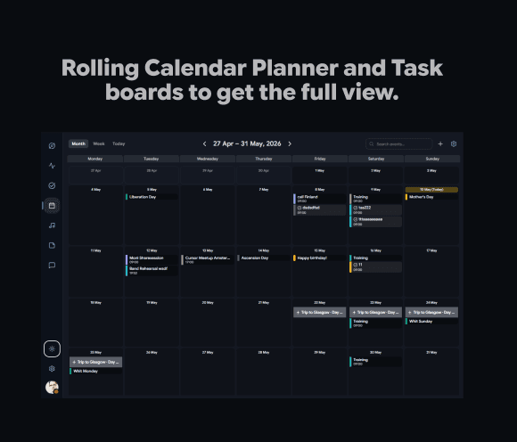 Rolling month calendar with events and tasks across weeks, month and week view controls.