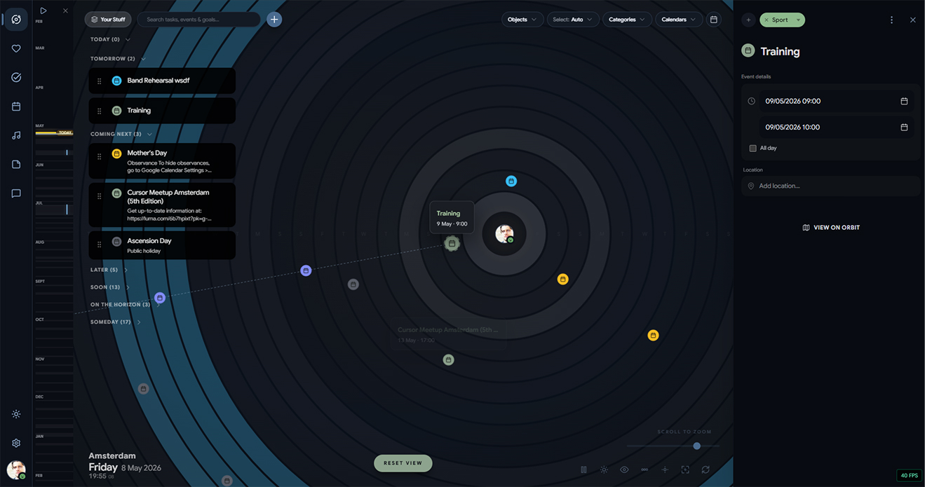 Egocentric Egospace radial map with tasks and events.